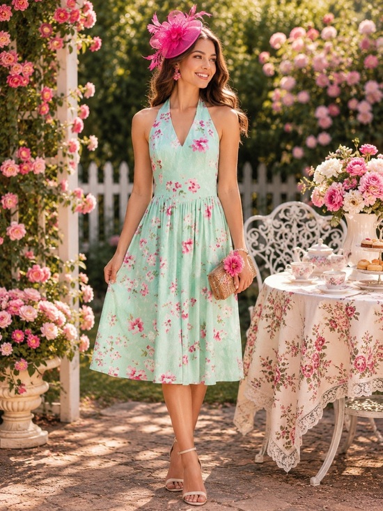 Steve Madden Dresses & Skirts - Halter Floral cotton eyelet  wedding guest Tea Dress in Mint Green